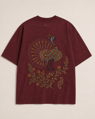 Dastkaar Royal Peacock & Songbird Oversized T-Shirt – Maroon