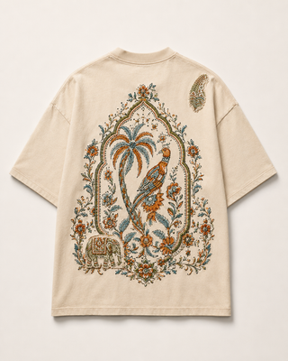 Heritage Botanical Oversized Patchwork Graphic T-Shirt – Beige