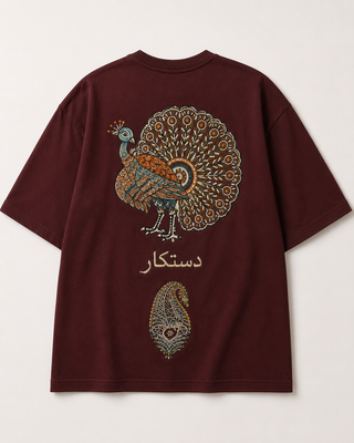 Dastkaar Royal Peacock & Elephant Oversized T-Shirt – Maroon
