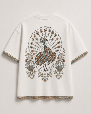 Dastkaar Peacock Crest Oversized T-Shirt – Off-White
