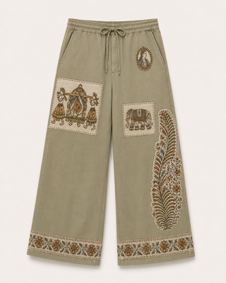 Heritage Patchwork Wide-Leg Cotton Trousers – Olive Green