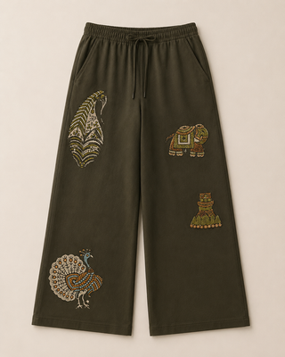 Dastkaar Heritage Motif Wide-Leg Trousers – Dark Olive