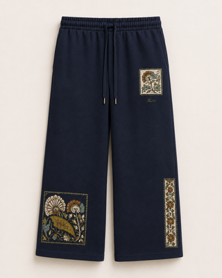 Dastkaar Floral Patch Wide-Leg Trousers – Navy Blue