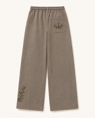 Dastkaar Botanical Floral Wide-Leg Trousers – Washed Taupe