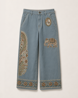 Royal Heritage Wide-Leg Graphic Trousers – Light Blue